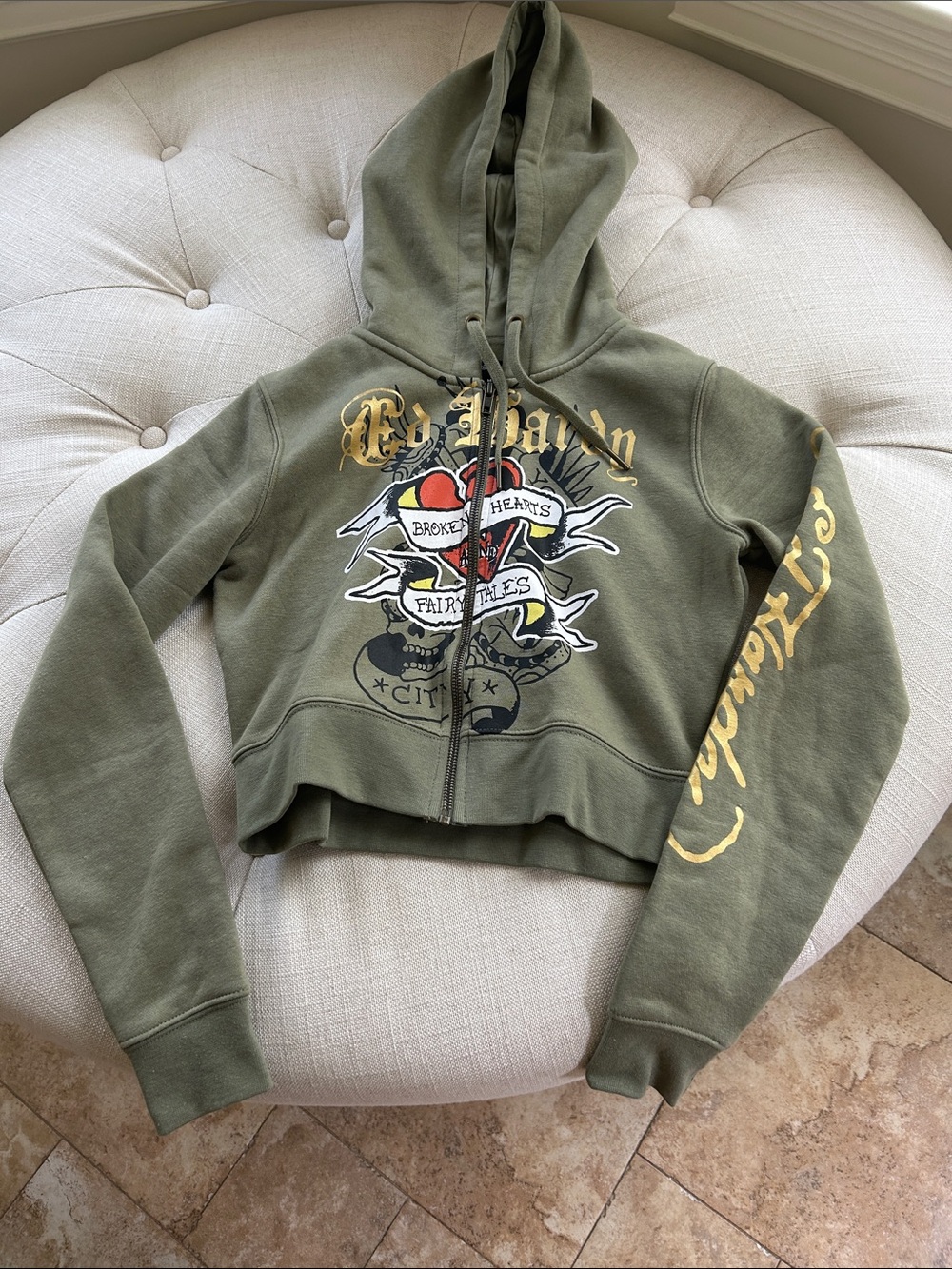 Ed Hardy Olive Green Zip Hoodie with Gold and Black Graphic